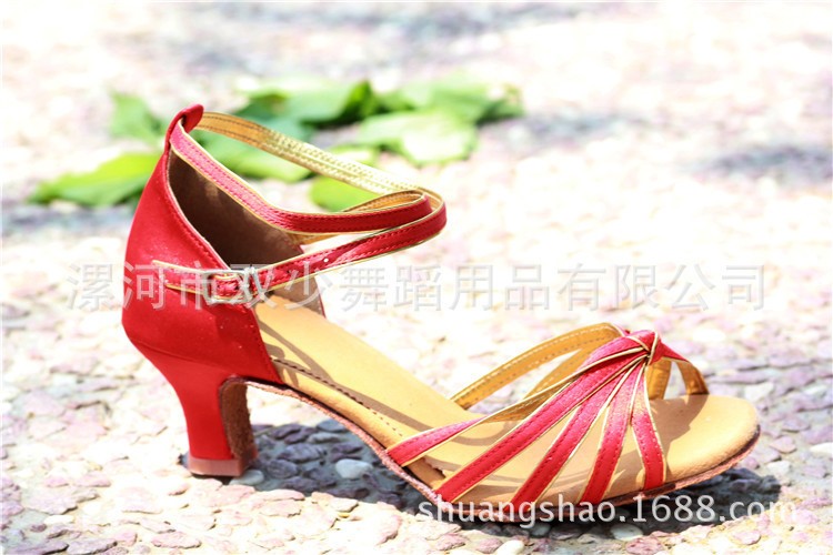 成人女款女士拉丁舞蹈鞋玫紅大金中跟女童幼兒交誼舞國標包郵牛皮