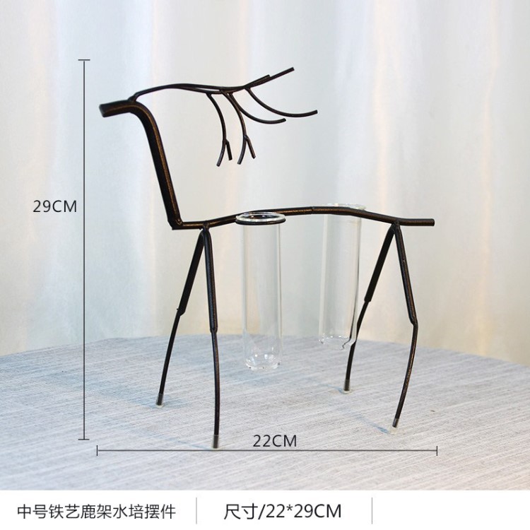 歐式水培容器鐵藝鹿支架花瓶客廳創(chuàng)意玻璃花器透明插花擺件裝飾品