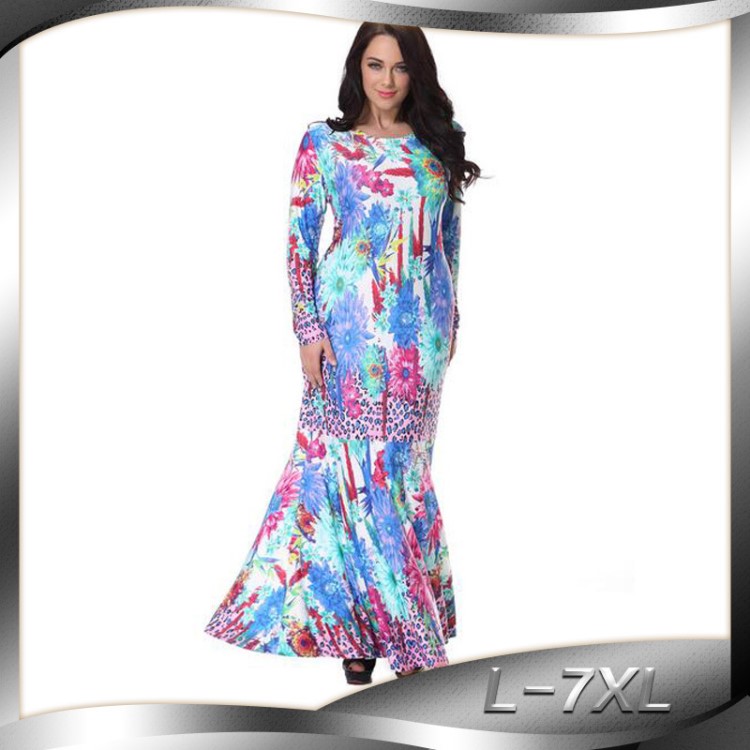 速賣通女裝歐美冰柔絲拼接圓領長袖連衣裙 拖地魚尾禮服長裙7013