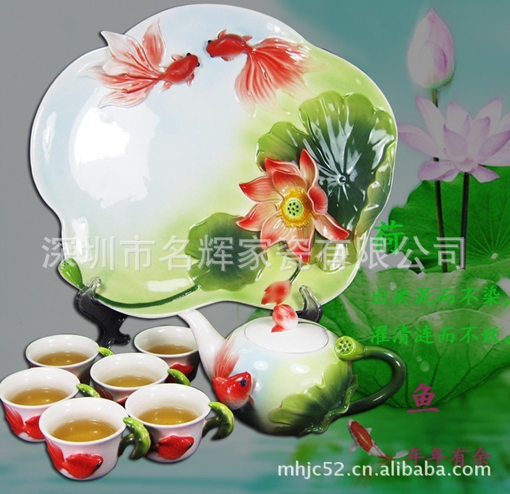 琺瑯瓷 荷花金魚茶具 功夫花草茶具 陶瓷茶具 法蘭瓷 創(chuàng)意茶具