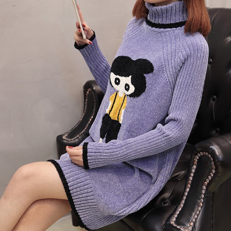 雪尼爾韓版寬松卡通慵懶風女長款針織打底學生冬季高領套頭厚毛衣