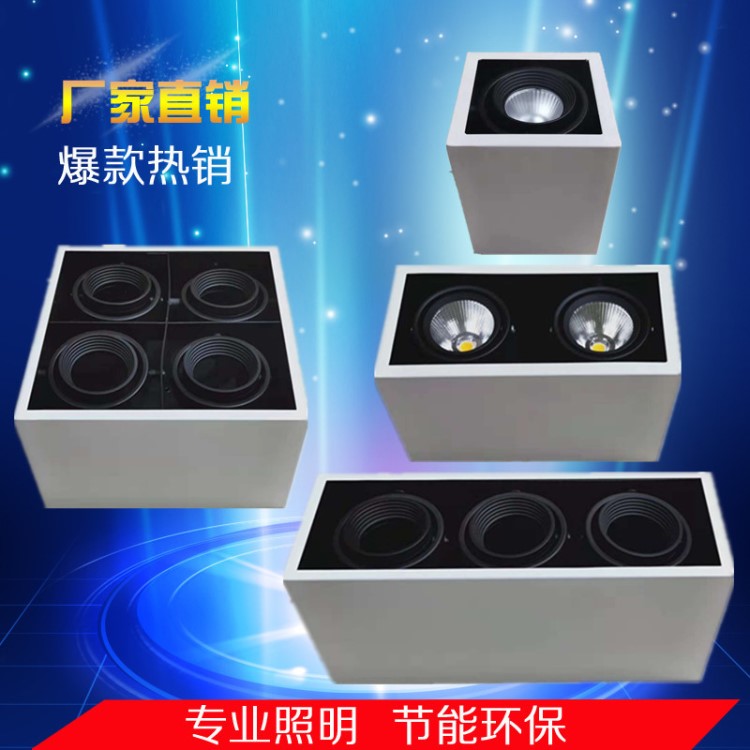 LED射燈方形雙頭明裝斗膽燈COB格柵燈背景墻燈可調吸頂天花外殼