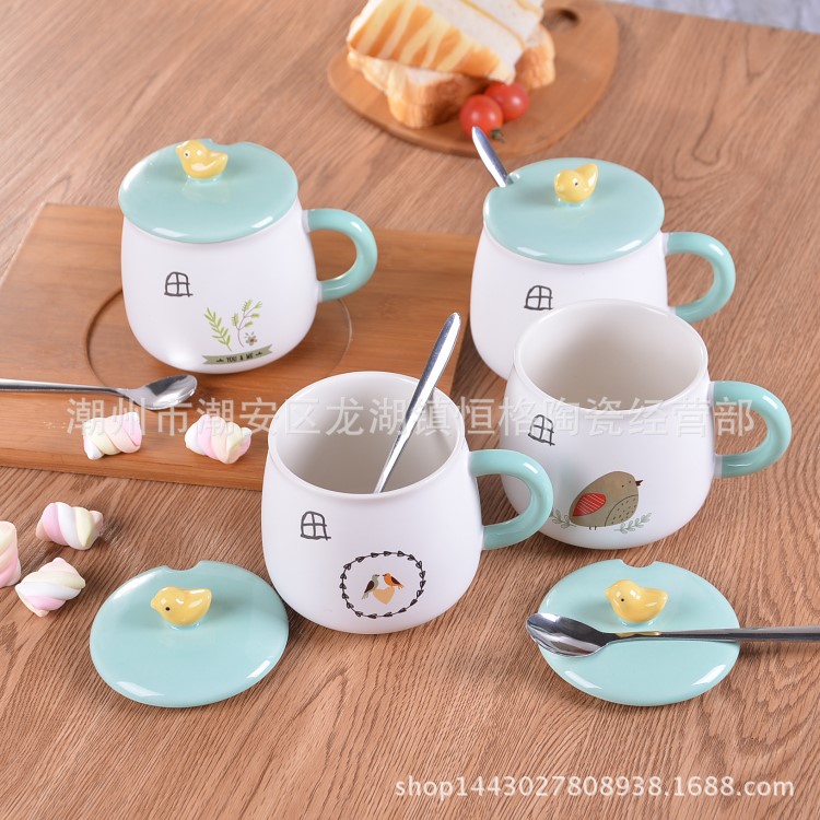 新品大肚小鳥杯牛奶杯陶瓷杯帶蓋子帶勺子啞光杯馬克杯可定制LOGO