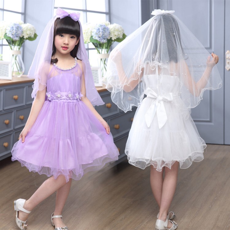 2019女童中大童新款童裙兒童夏季頭紗釘珠蝴蝶結(jié)連衣裙一件代發(fā)