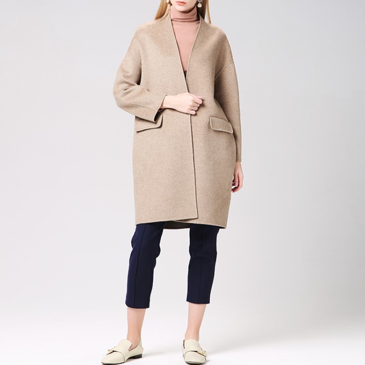 新款时尚百搭气质色中长款双面羊毛呢大衣女毛呢外套女