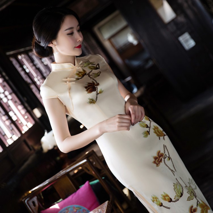 楓玫絲長款絲綢旗袍 春季透氣長款絲綢旗袍修身定制旗袍現貨熱賣