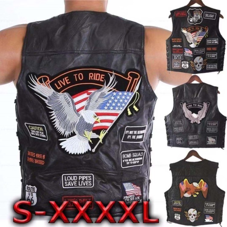 美國哈雷機車騎行馬甲 真皮背心 男士皮坎肩 刺繡徽章 凈版多款