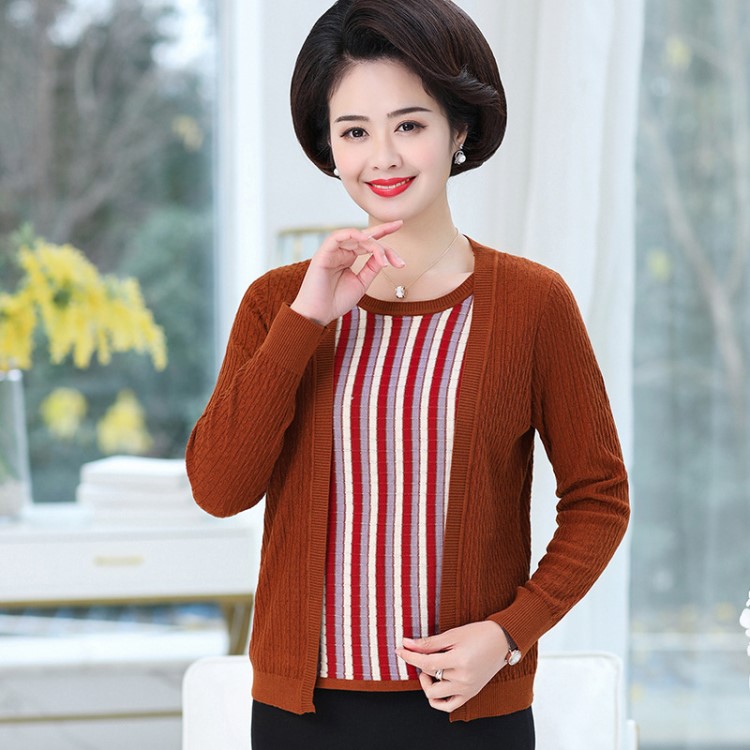 時尚媽媽秋裝上衣假兩件長袖針織中老年毛衣2019新款女裝一件代發
