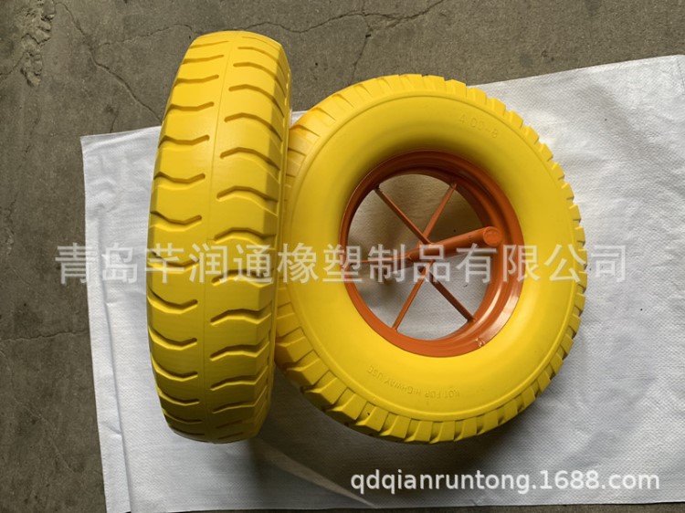 廠家內銷出口手推車橡膠發(fā)泡輪4.00-8大方塊PU輪，實心車軸輪圈