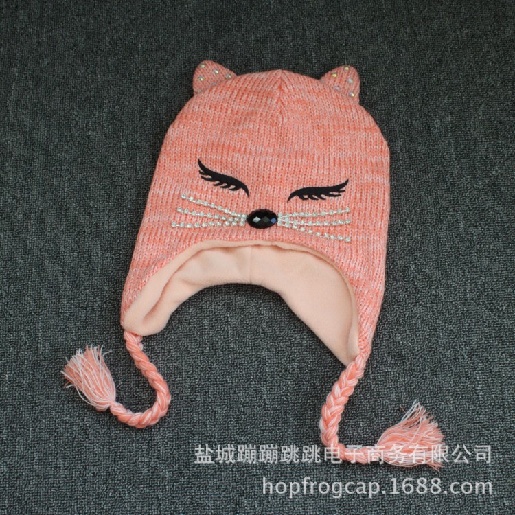外貿(mào)原單秋冬季兒童護(hù)耳帽成人女士加絨套頭帽子狐貍親子帽