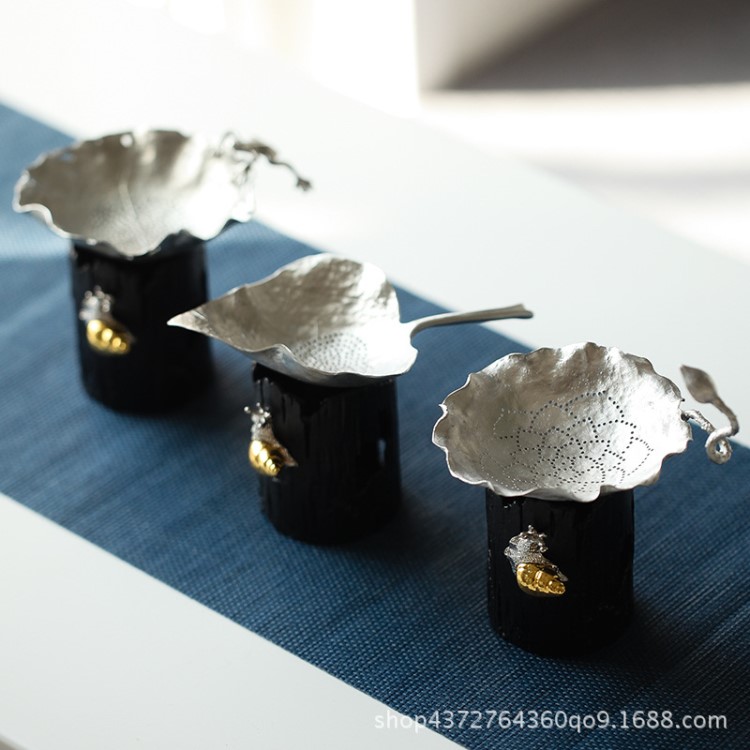 錫手錘茶濾 過濾網 茶道零配功夫蝸牛濾茶器手工錘紋樹葉茶