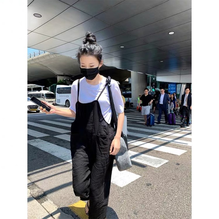 夏季寬松亞麻背帶褲女港風(fēng)顯瘦薄款休閑褲復(fù)古工裝九分哈倫連體褲