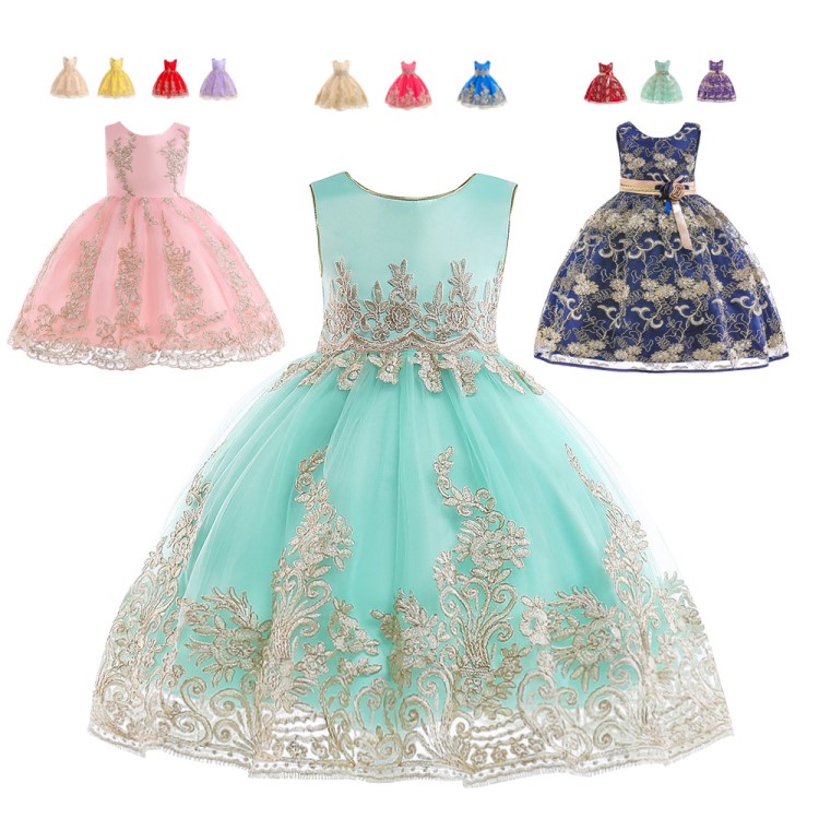 爆款跨境花童裝禮服 歐美金線繡宮廷刺繡花邊兒童婚紗公主裙禮服