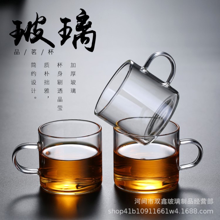 加厚耐熱透明玻璃小茶杯帶把品茗杯直身杯功夫茶具主人杯茶碗套裝