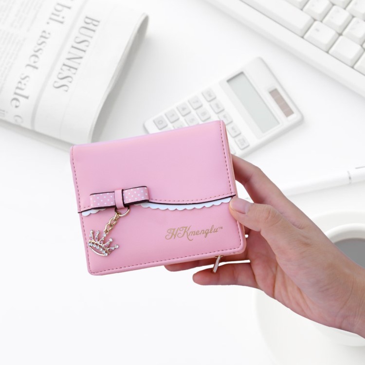 2019跨境新款女士短款錢包蝴蝶結皇冠吊墜拉鏈錢夾學生零錢包定制