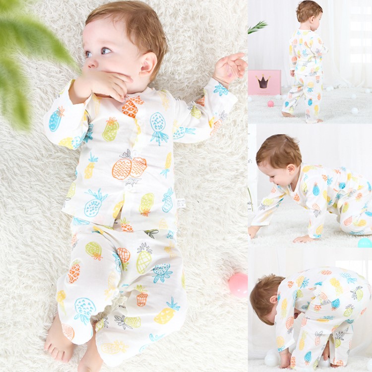 2019夏薄款嬰幼兒童居家服雙層紗布空調(diào)服開衫長袖防蚊服褲防曬服
