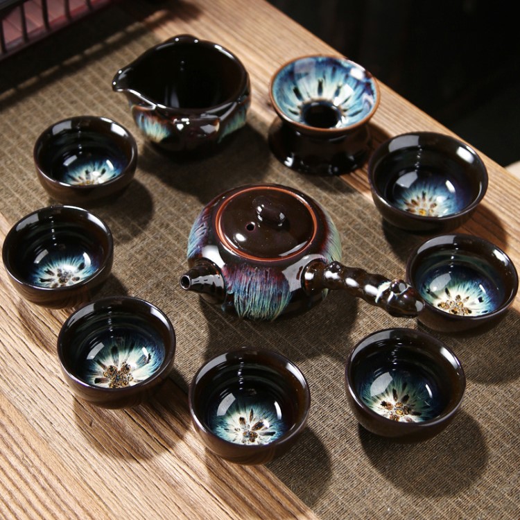 11頭德化陶瓷功夫茶具窯變沙金釉茶具套裝商務(wù)木盒禮品定制小