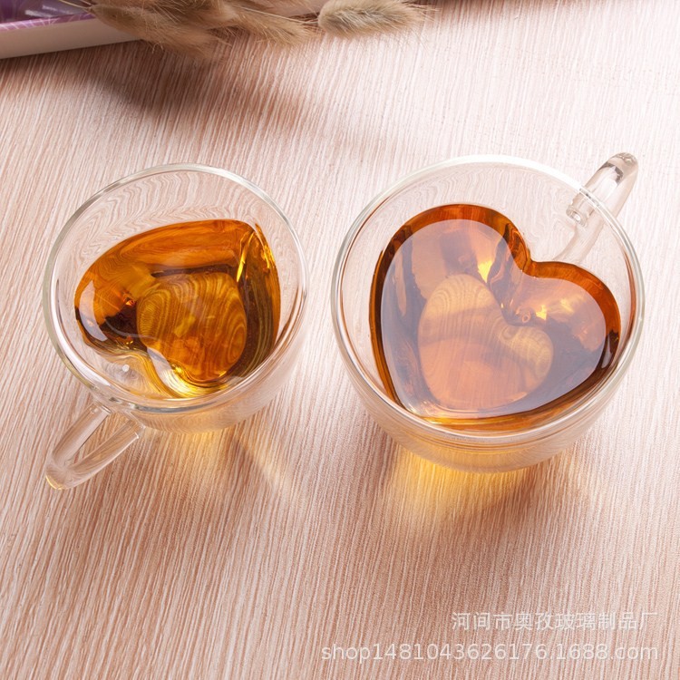 創(chuàng)意雙層心形愛心杯咖啡茶果汁玻璃水杯耐熱高硼硅帶把玻璃杯