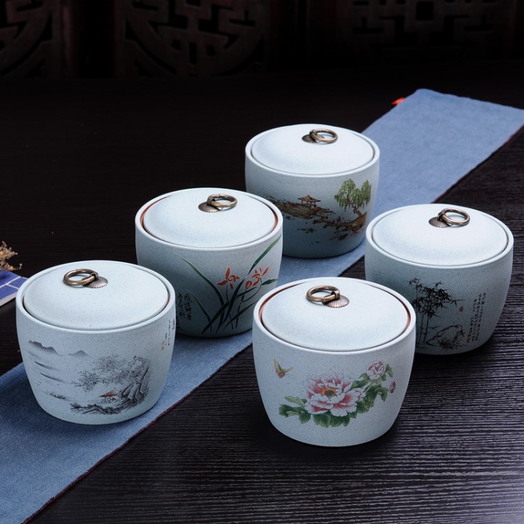 彩砂陶茶葉罐包裝送禮鐵觀音密封瓷罐普洱存儲紫砂盒茶具配件現貨