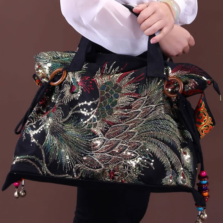 新款云南民族風(fēng)復(fù)古雙面刺繡花鳳凰手提單肩斜挎包女帆布包批發(fā)