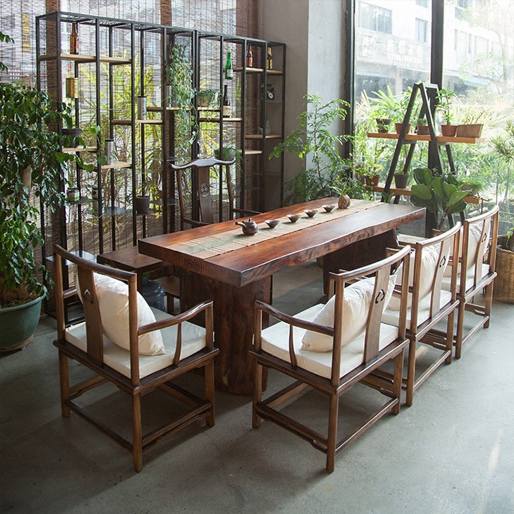 新中式古典工作室實木茶幾 自然邊整板仿古茶臺 服裝店功夫茶桌椅