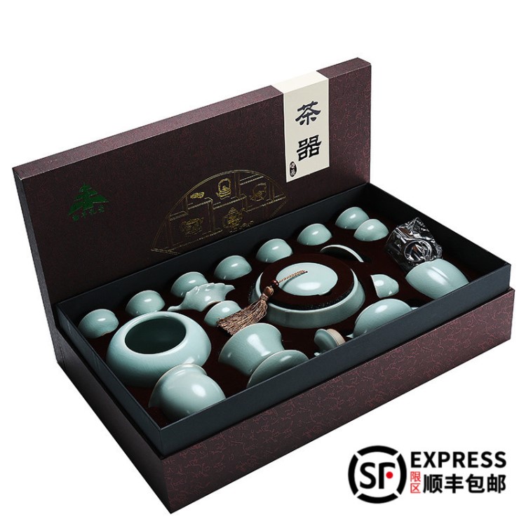 整套汝窯開片陶瓷功夫茶具套裝茶壺蓋碗茶杯禮品家用辦公室泡茶器