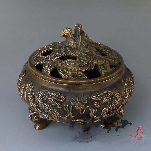 精品開光銅二龍戲珠香爐擺件龍香熏爐仿古銅器古玩收藏禮品