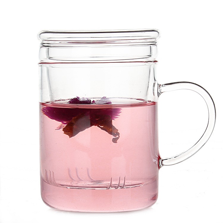 玻璃花草茶杯過濾 耐高溫玻璃水杯 直身馬克茶杯帶蓋子三件杯批發