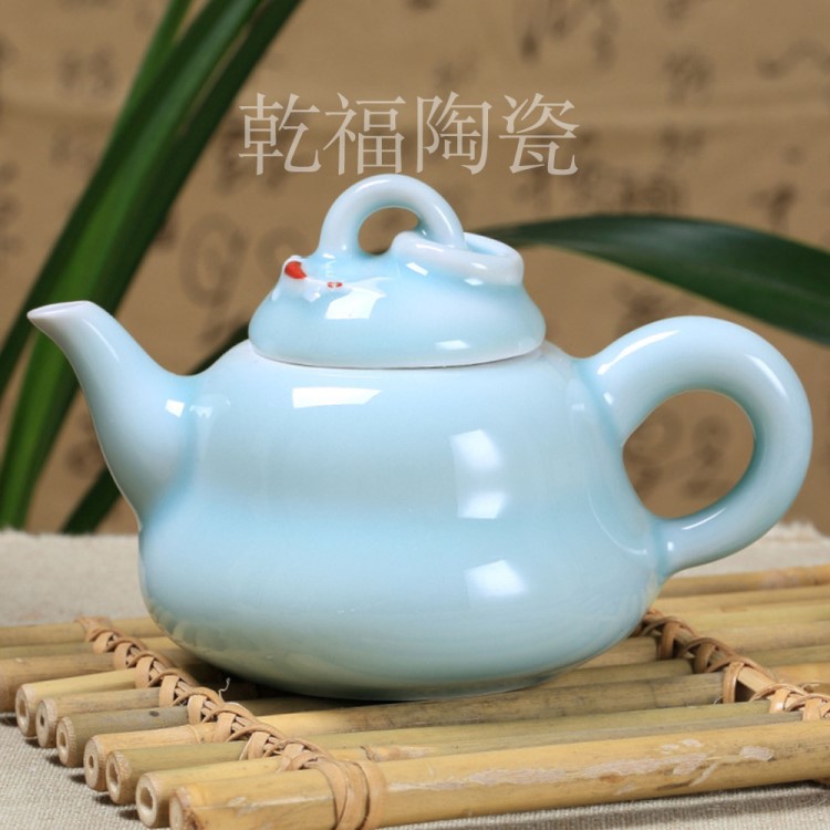 龍泉青瓷茶壺 梅子青手繪浮雕鯉魚茶道杯陶瓷功夫泡茶壺禮品批發(fā)