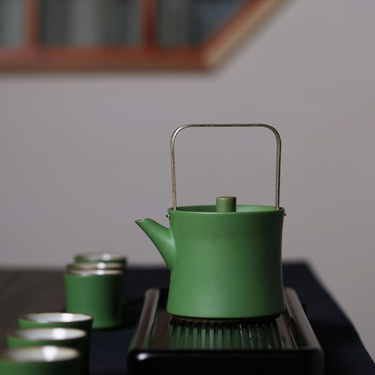 新款色釉陶瓷提梁壺茶具套裝軍旅綠色一壺六杯辦公家用功夫茶具