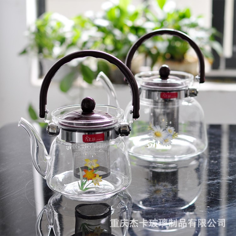 厂价批发带提手玻璃茶壶耐高温高硼硅玻璃花茶壶直火壶印花泡茶壶