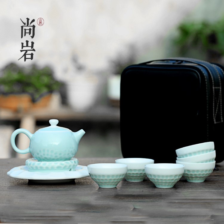 龍泉青瓷便攜茶具套裝 功夫茶具一壺四杯戶外旅行手提包茶具套組