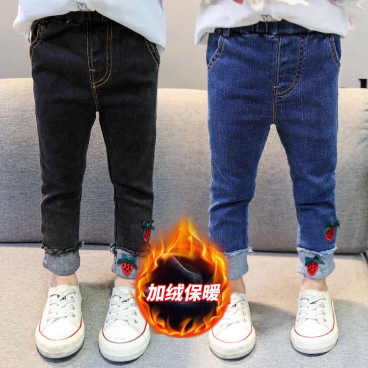 秋冬季新款兒童草莓加絨牛仔褲2019韓版寶寶修身褲子一件代發(fā)童裝