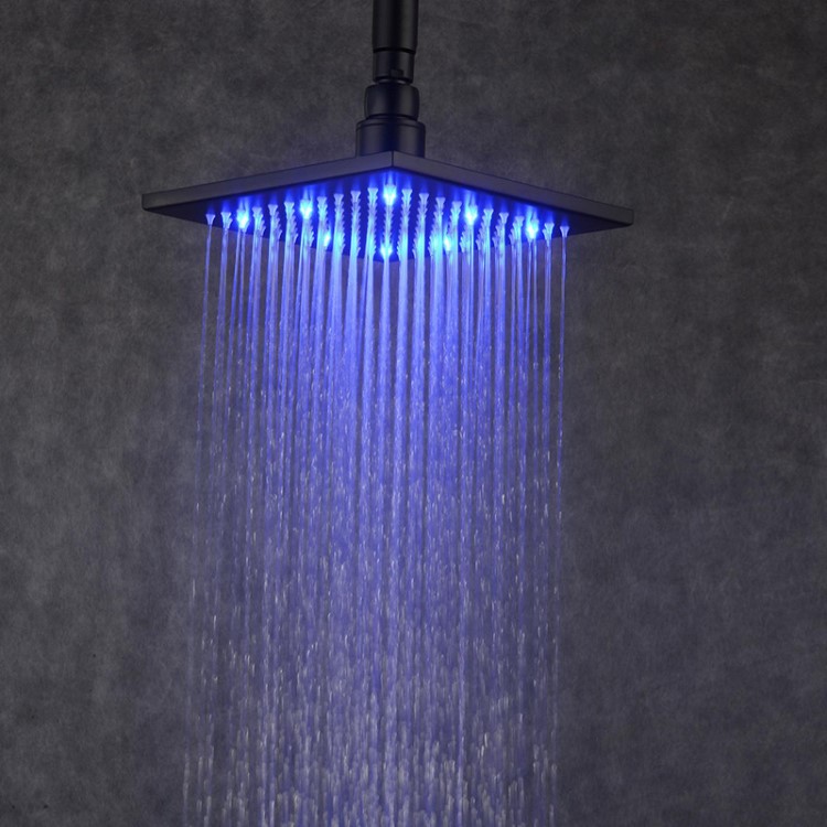 8寸廠家銷售淋浴淋浴器鍍黑新款頂噴雨淋花灑頭方形LED發光花灑