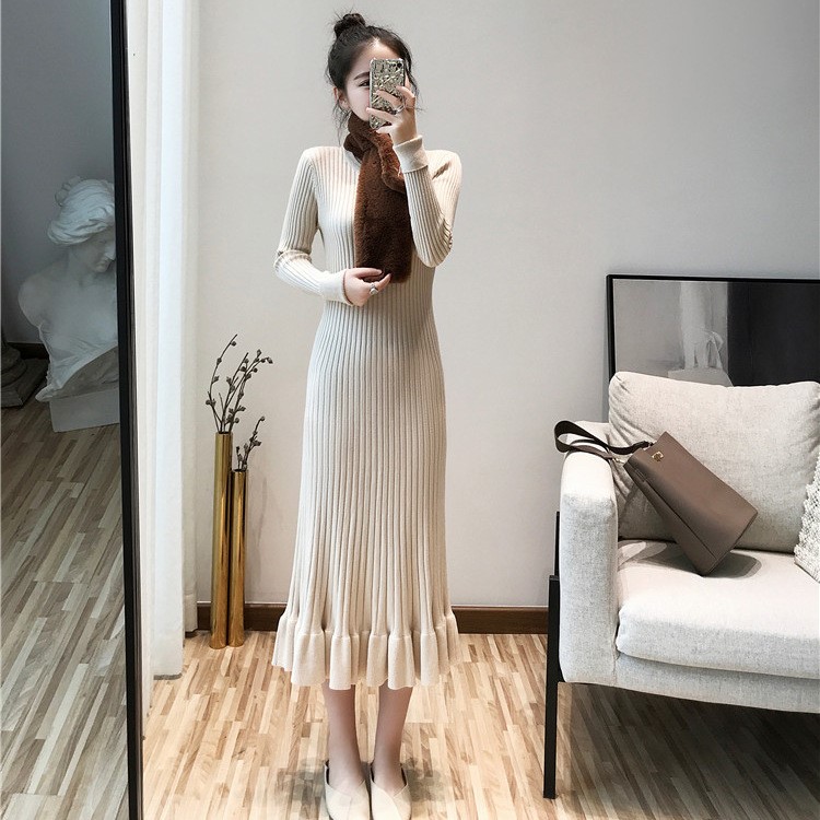韓版時尚氣質(zhì)連衣裙新款荷葉邊魚尾裙圓領中長款包臀打底針織裙子