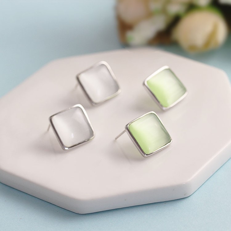 晶聚緣s925銀耳飾韓版簡約方形貓眼耳釘唯美耳環(huán)時(shí)尚小飾品批發(fā)