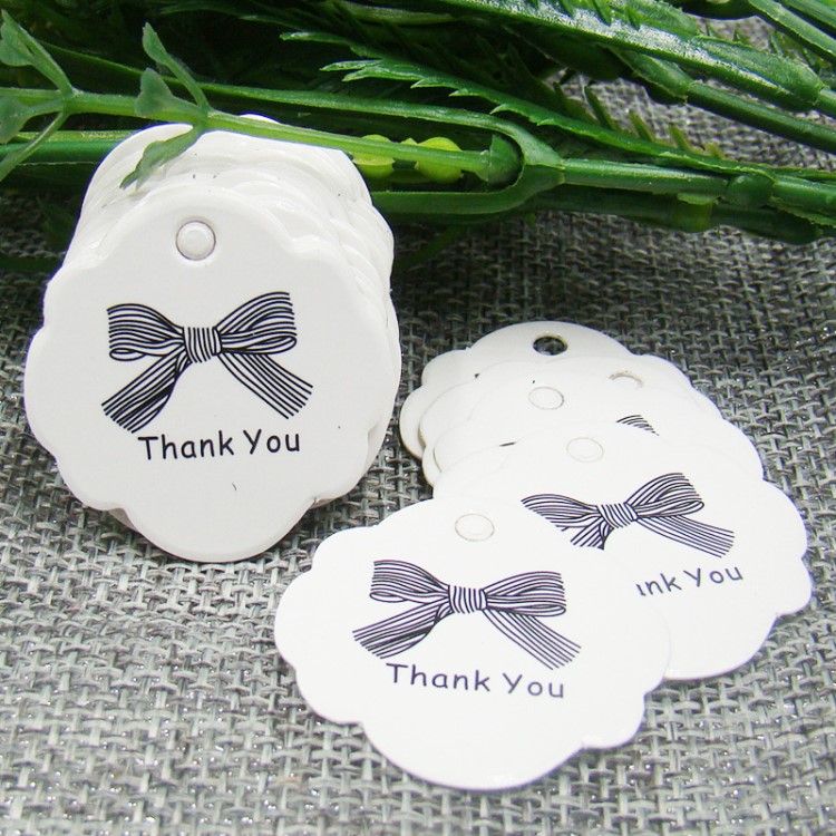 白色 3x3cm 花邊Thank you /handmade蝴蝶結吊卡 100枚禮品吊卡