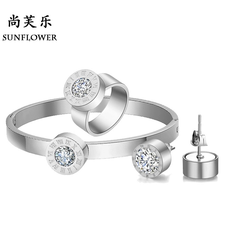 wish速賣通爆款鈦鋼羅馬數字換鉆戒指飾品套裝組合三色現貨批發