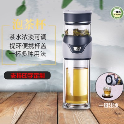 便攜一鍵隔離式泡茶杯茶水分離雙層高硼硅玻璃杯商務(wù)耐熱加厚水杯