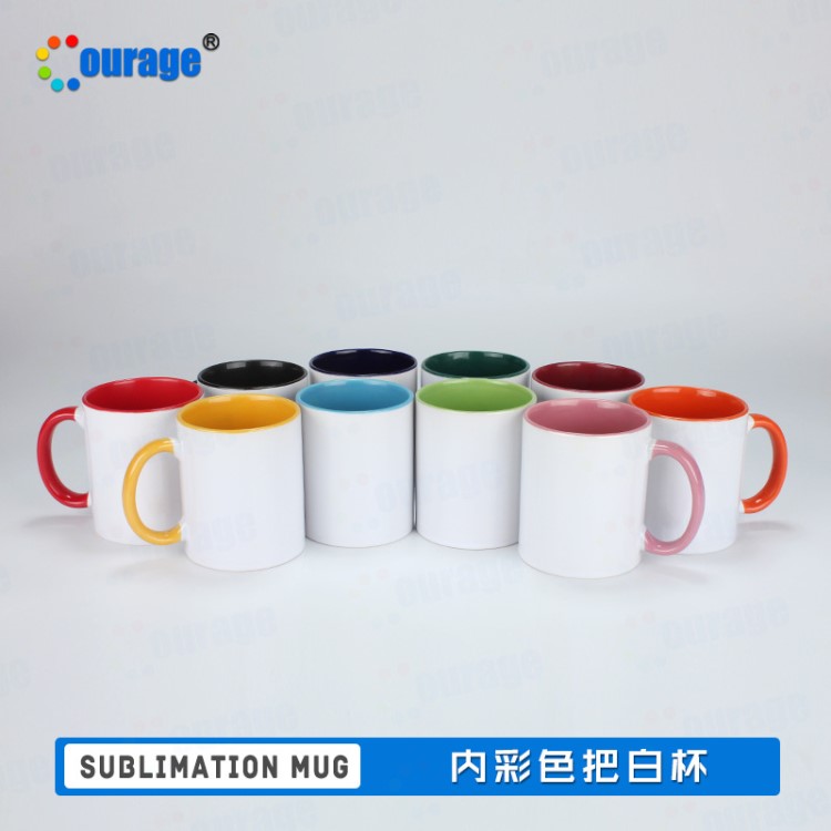 凱瑞其內把彩杯.熱轉印杯子批發白杯涂層杯馬克內色彩把杯批發