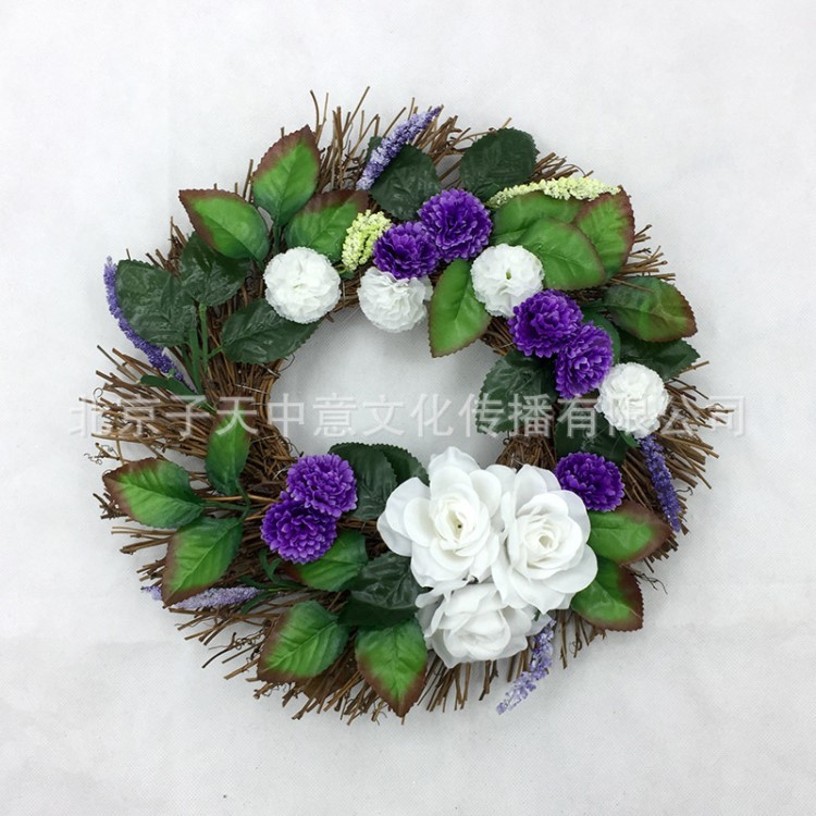 白色玫瑰仿真藤編花環花圈門掛家居餐廳櫥窗裝飾圣誕節布置用品