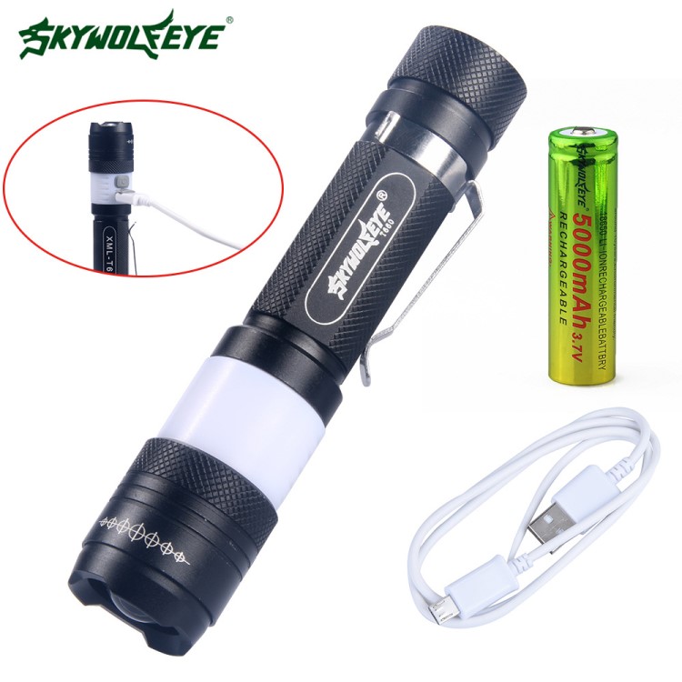 skywolfeye旋轉調焦USB充電LED露營手電筒 批發強光鋁合金手電筒