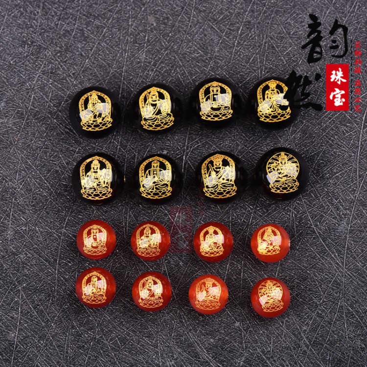 韻然 天然紅黑瑪瑙燙金八大守護(hù)神散珠飾品配珠 diy佛珠手鏈配件