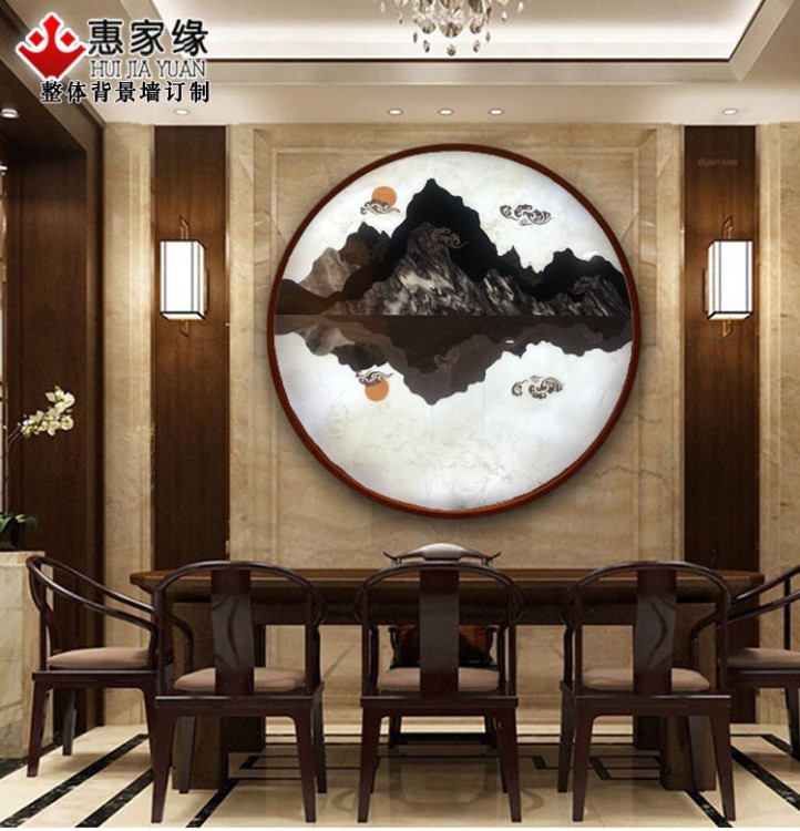 惠家緣天然玉石大理石水刀拼圖 新中式圓形玄關背景墻客廳山水