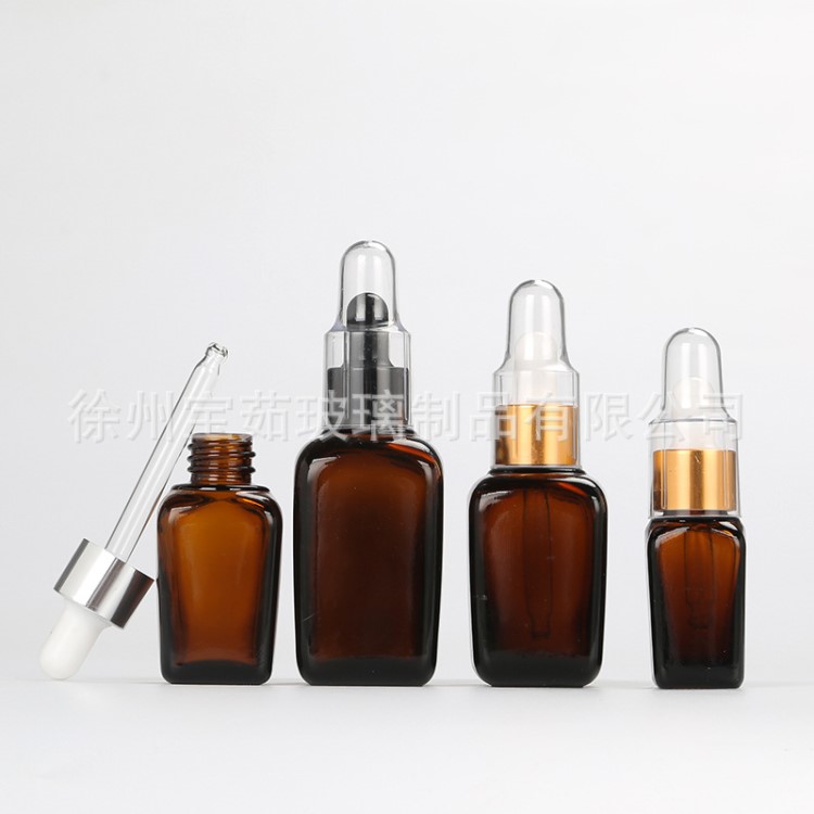 現貨批發茶色方形精油瓶10ml-100ml滴管分裝瓶精華液空瓶防漏蓋子