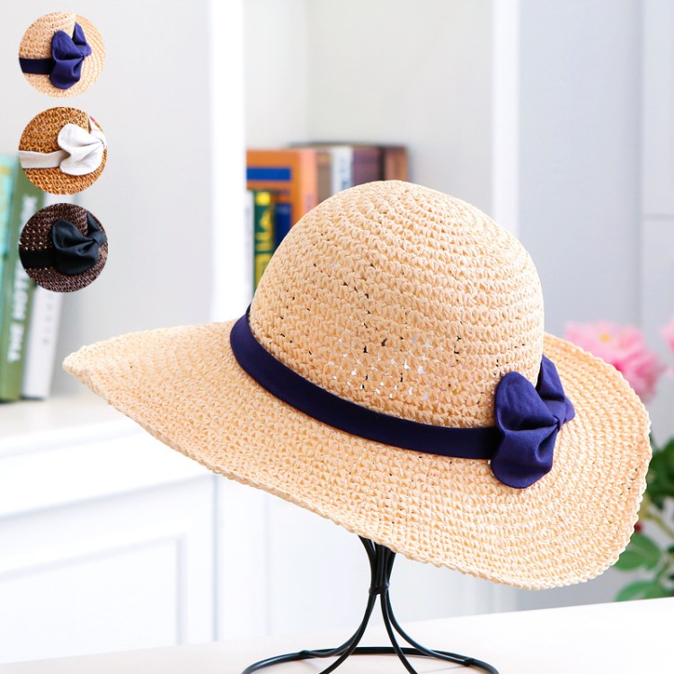 艾米帽店紙繩 鉤針帽時尚甜美蝴蝶結女帽平檐遮陽帽定制批發