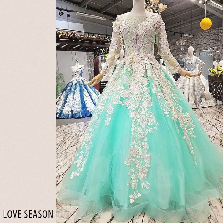 LS124401 圓領長袖可定制森系公主風大氣貼花長袖晚禮服秋季新款