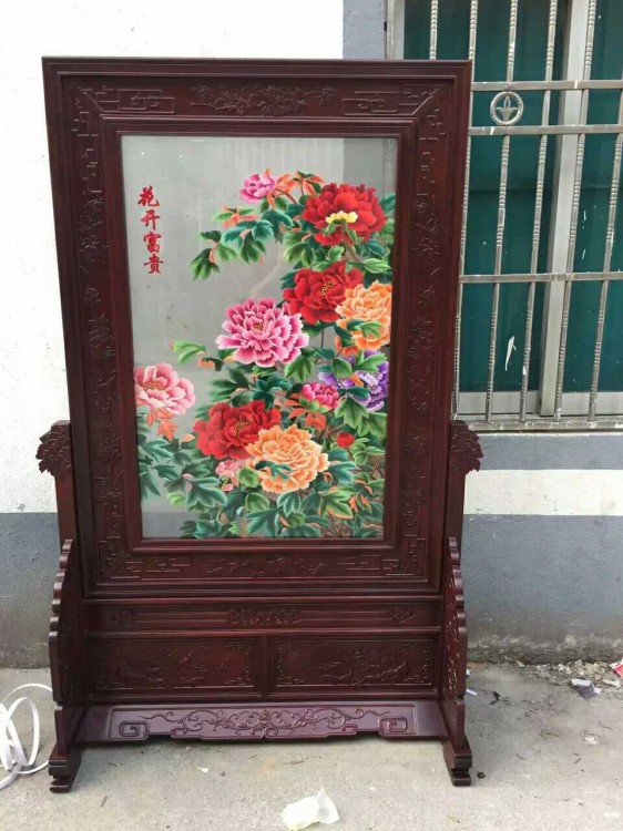 緬甸花梨大果紫檀花開富貴刺繡蘇繡屏風雕花隔斷玄關座屏紅木家具