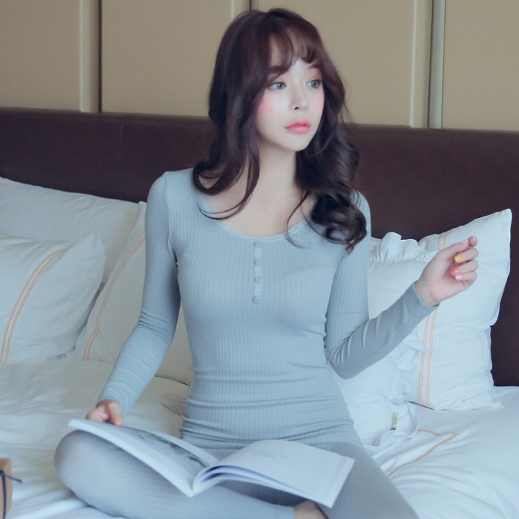 秋冬季保暖女薄款高彈美體塑身套裝性感單層無縫紐扣蕾絲秋衣秋褲