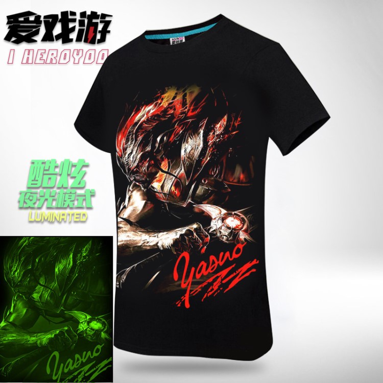 批發(fā)青少年英雄聯(lián)盟T恤男士夜光短袖LOL衣服亞索熒光體恤男學(xué)生